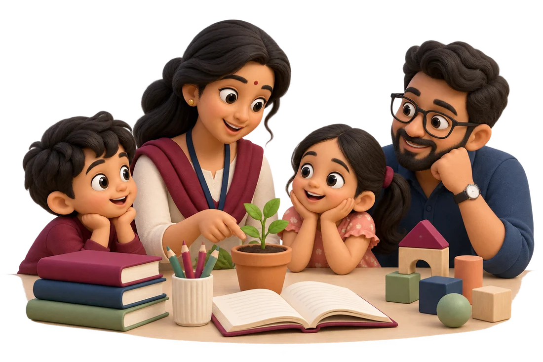 Educator, parent and children learning together