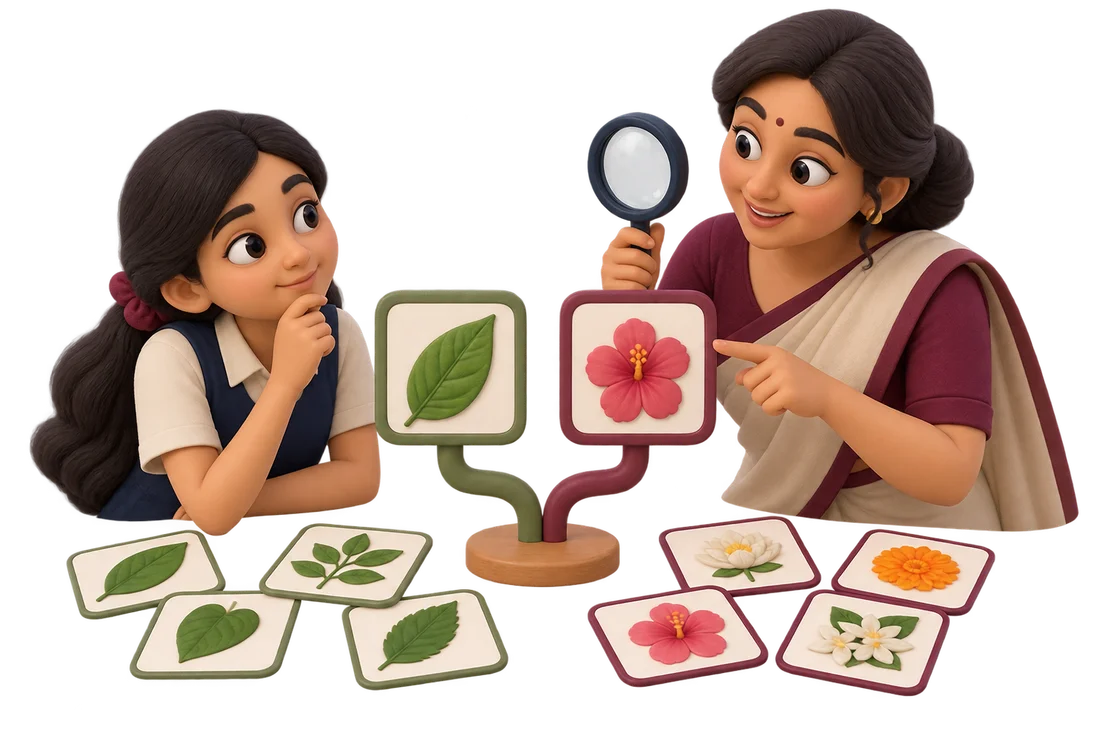 Student and educator sorting leaf and flower picture cards