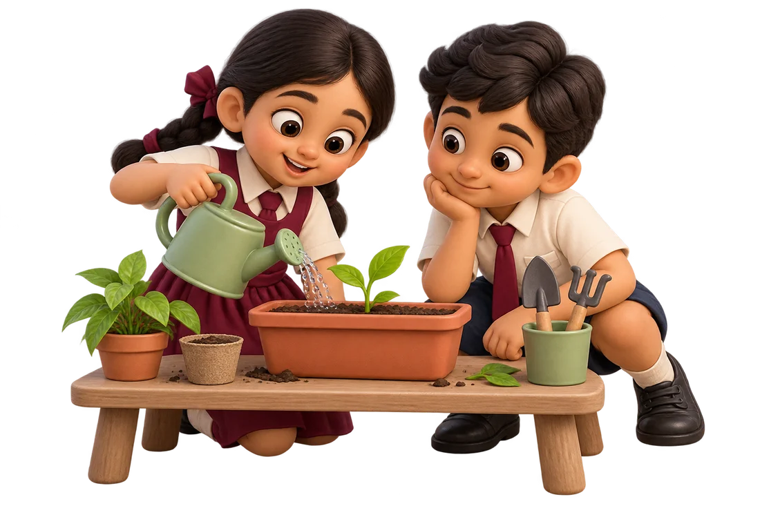 Children watering a young plant together