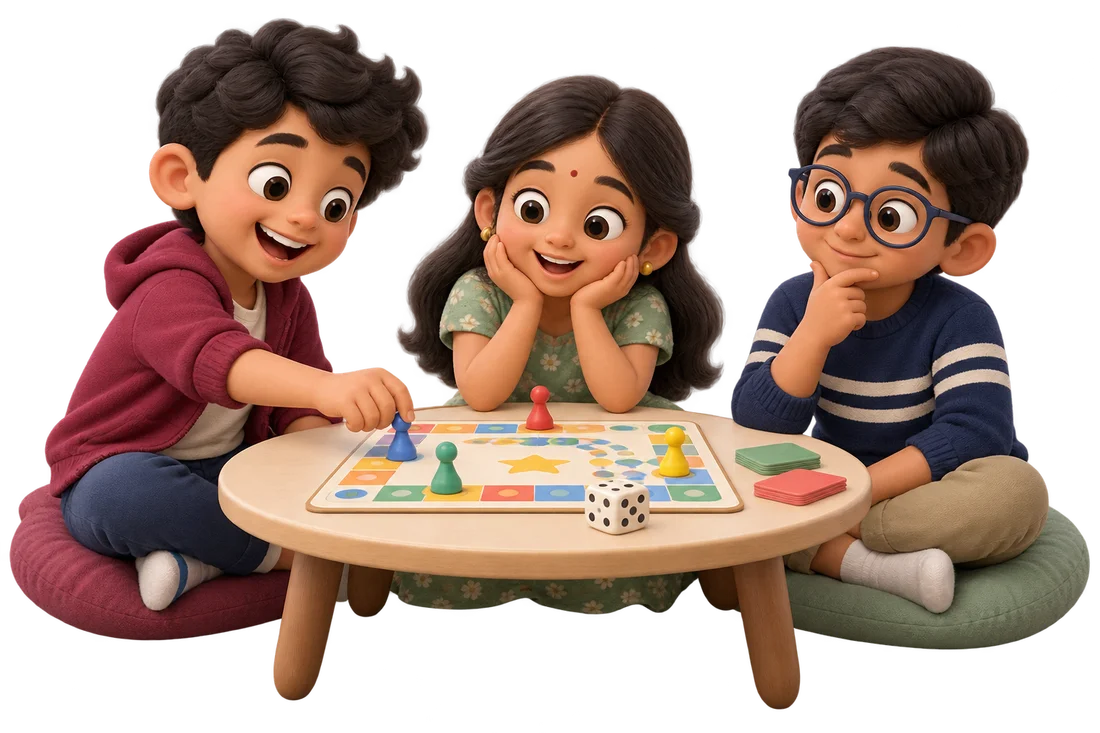 Three children playing an educational board game