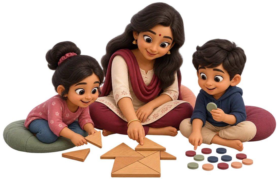 Parent and children exploring a wooden puzzle and counting tokens
