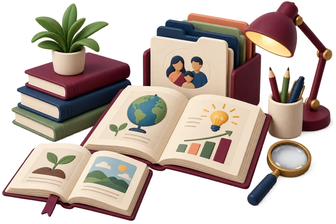 Illustrated guidebooks, resource folders and a reading lamp